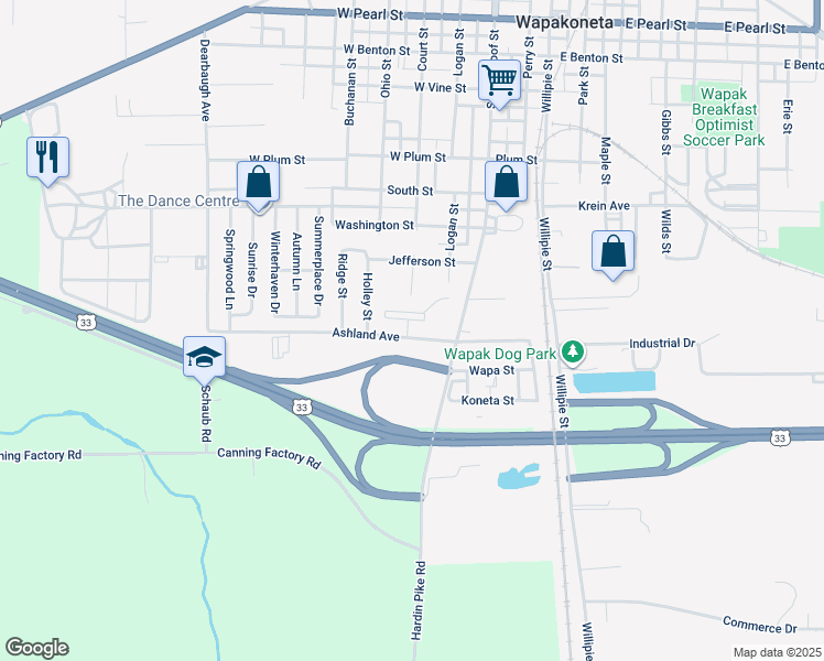 map of restaurants, bars, coffee shops, grocery stores, and more near 404 Ashland Avenue in Wapakoneta
