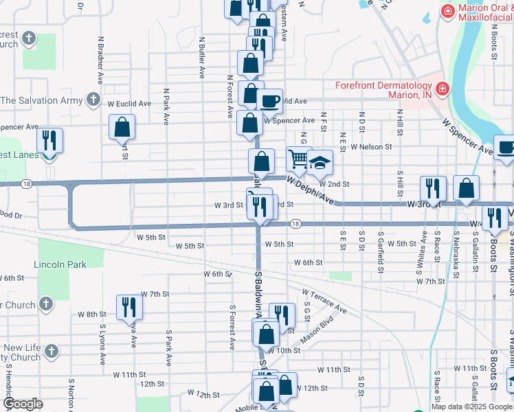 map of restaurants, bars, coffee shops, grocery stores, and more near 1333 W 3rd St in Marion