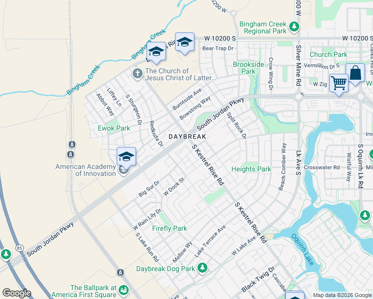 map of restaurants, bars, coffee shops, grocery stores, and more near 5188 Big Sur Drive in South Jordan