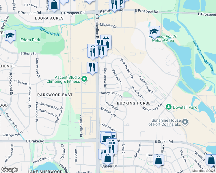 map of restaurants, bars, coffee shops, grocery stores, and more near 2127 Cocklebur Lane in Fort Collins
