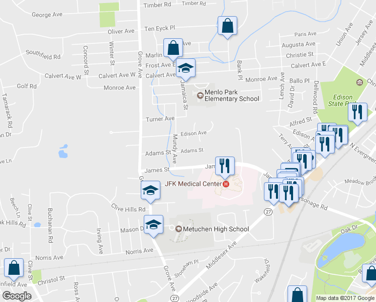 map of restaurants, bars, coffee shops, grocery stores, and more near 47 Adams Street in Edison