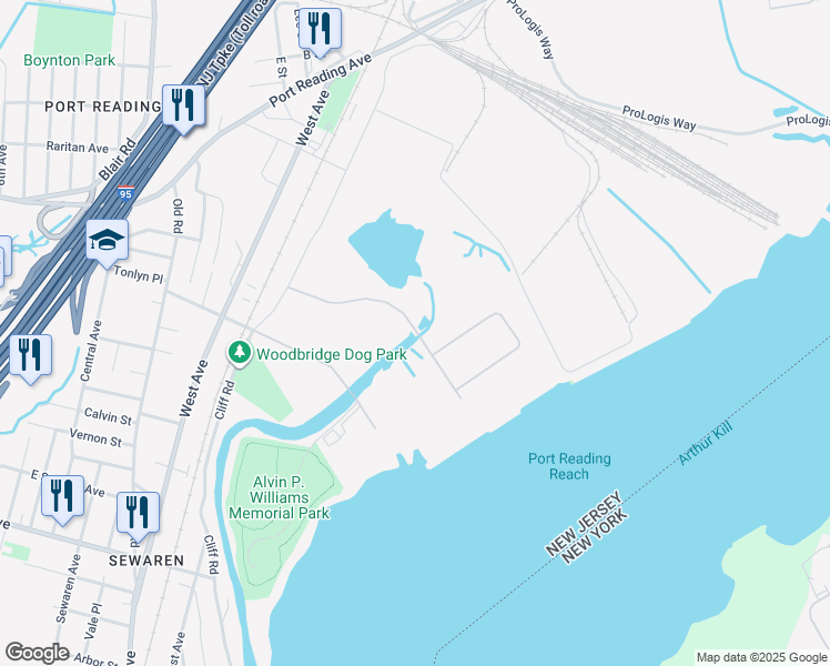 map of restaurants, bars, coffee shops, grocery stores, and more near 751 Cliff Road in Woodbridge Township