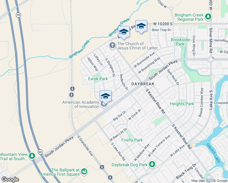 map of restaurants, bars, coffee shops, grocery stores, and more near 5387 West Bowstring Way in South Jordan