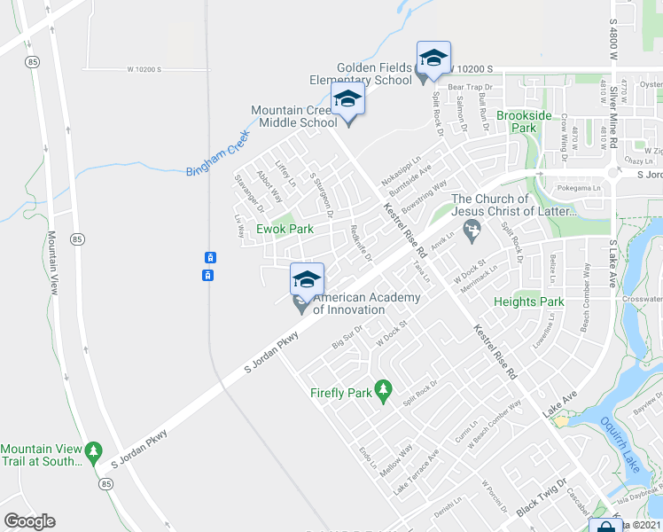 map of restaurants, bars, coffee shops, grocery stores, and more near 5387 West Bowstring Way in South Jordan