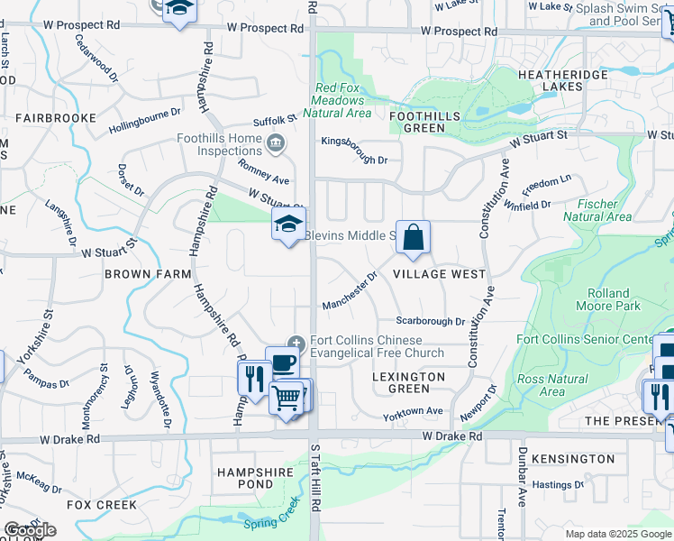map of restaurants, bars, coffee shops, grocery stores, and more near 2125 Sheffield Drive in Fort Collins