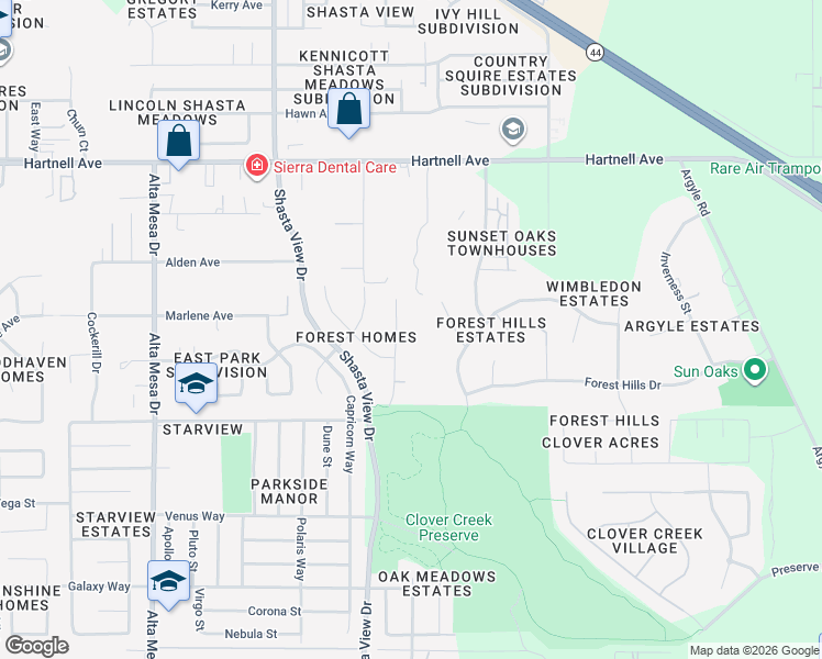 map of restaurants, bars, coffee shops, grocery stores, and more near 3379 Billings Drive in Redding