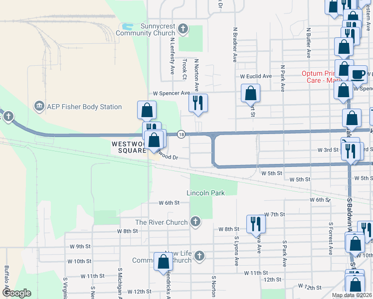 map of restaurants, bars, coffee shops, grocery stores, and more near 2120 Westwood Drive in Marion