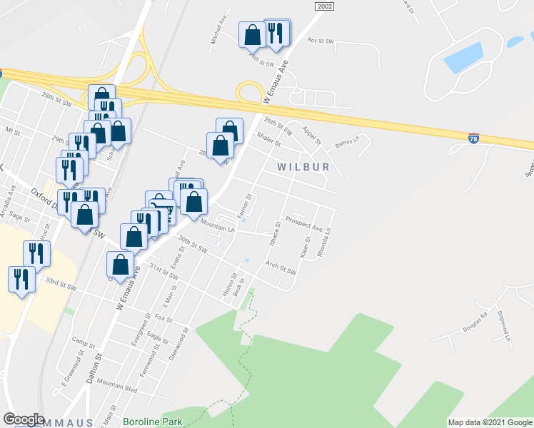 map of restaurants, bars, coffee shops, grocery stores, and more near 2847 Ithaca Street in Allentown