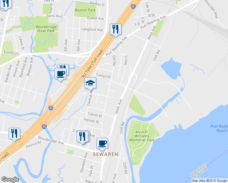 map of restaurants, bars, coffee shops, grocery stores, and more near 4 Radcliff Place in Woodbridge Township
