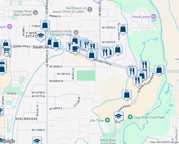 map of restaurants, bars, coffee shops, grocery stores, and more near 10618 South 1055 West in South Jordan