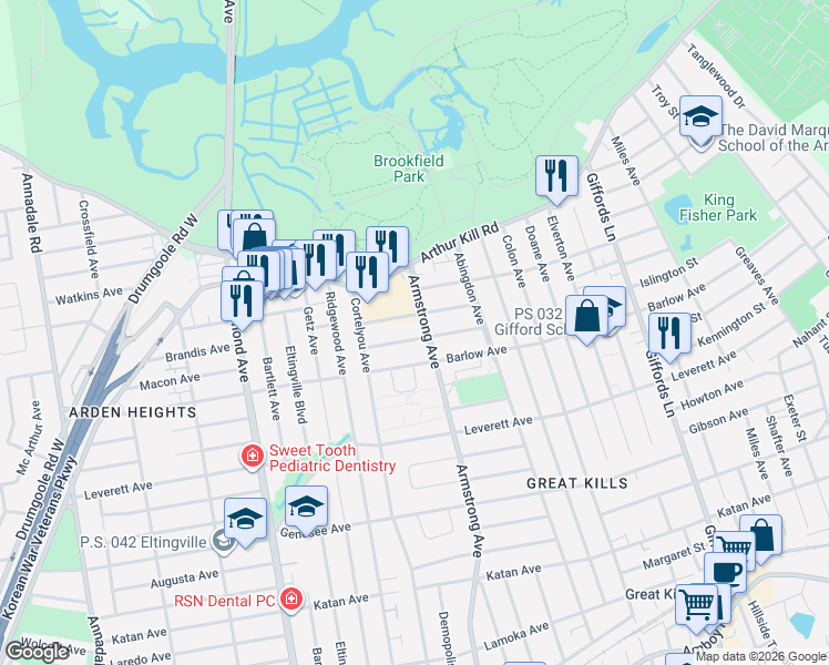 map of restaurants, bars, coffee shops, grocery stores, and more near 92 East Macon Avenue in Staten Island