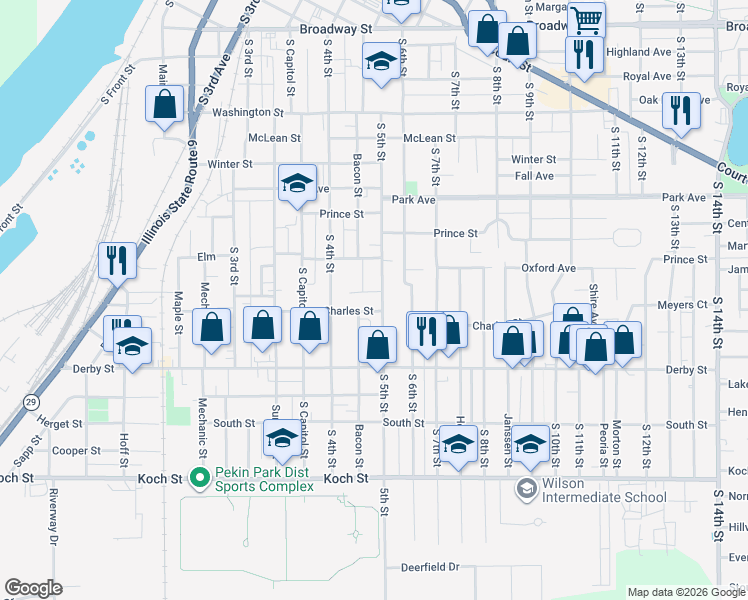 map of restaurants, bars, coffee shops, grocery stores, and more near 423-499 Charles St in Pekin