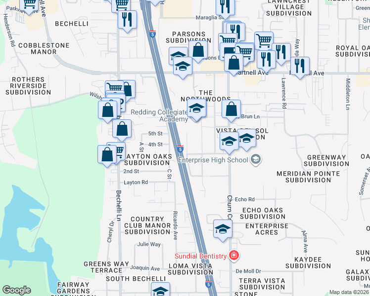 map of restaurants, bars, coffee shops, grocery stores, and more near 810 Shirley Lane in Redding