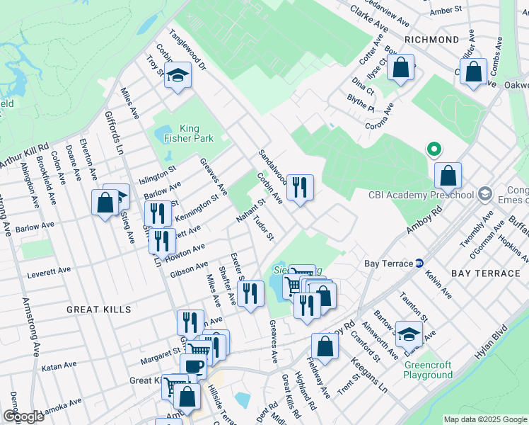 map of restaurants, bars, coffee shops, grocery stores, and more near 15 Tudor Street in Staten Island