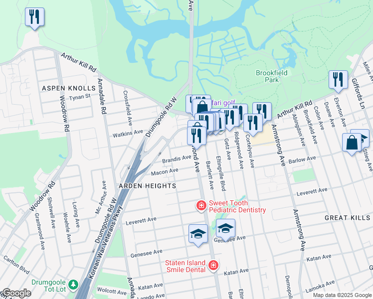 map of restaurants, bars, coffee shops, grocery stores, and more near 31 Brandis Avenue in Staten Island