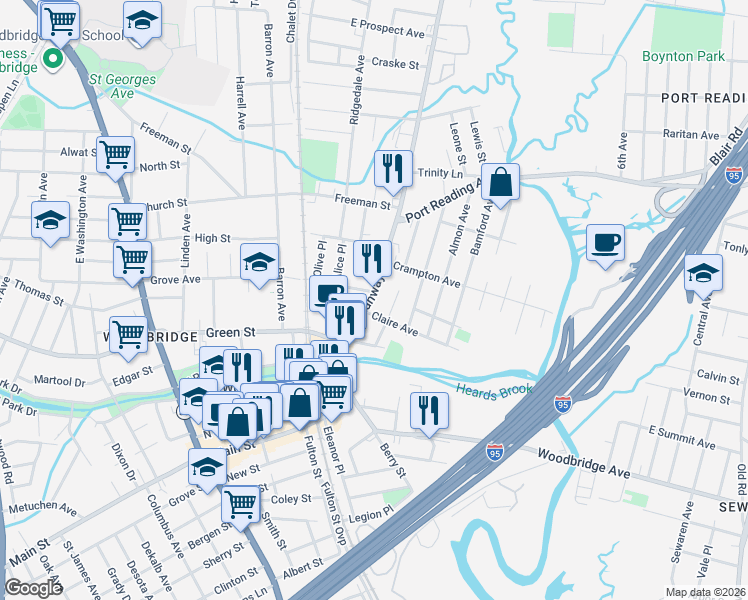 map of restaurants, bars, coffee shops, grocery stores, and more near 501 Rahway Avenue in Woodbridge Township