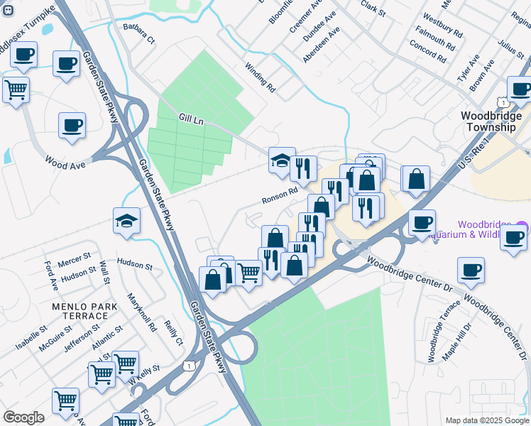 map of restaurants, bars, coffee shops, grocery stores, and more near 1009 Woodbridge Commons Way in Woodbridge Township