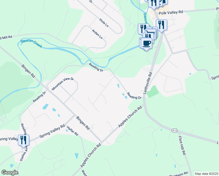 map of restaurants, bars, coffee shops, grocery stores, and more near 1693 Creek View Road in Bethlehem