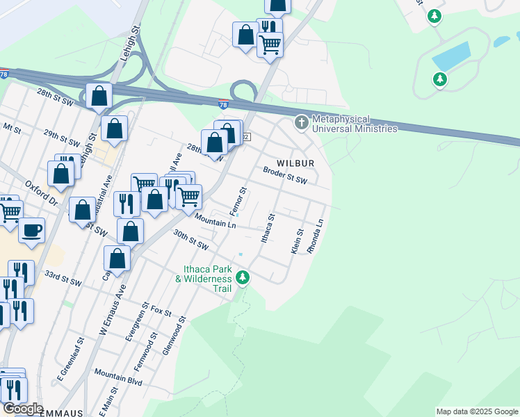 map of restaurants, bars, coffee shops, grocery stores, and more near 2847 Ithaca Street in Allentown