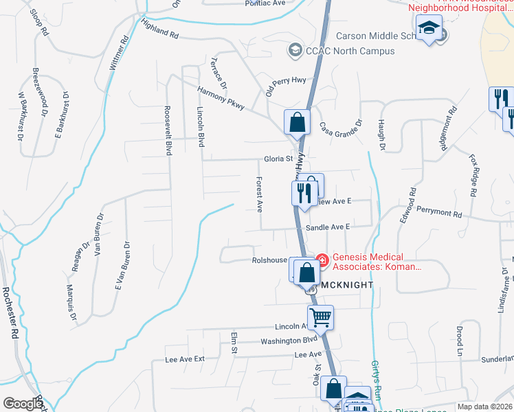 map of restaurants, bars, coffee shops, grocery stores, and more near 8328 Forest Avenue in Pittsburgh