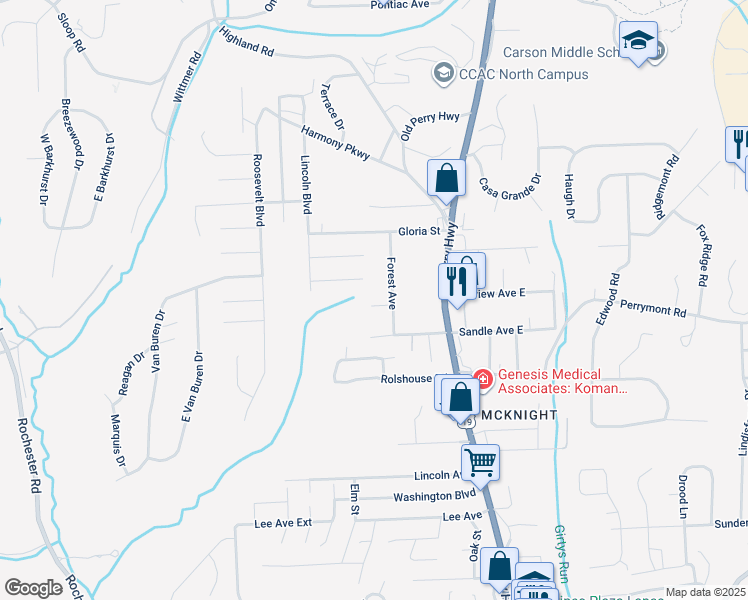 map of restaurants, bars, coffee shops, grocery stores, and more near 305 Lancers Way in Pittsburgh