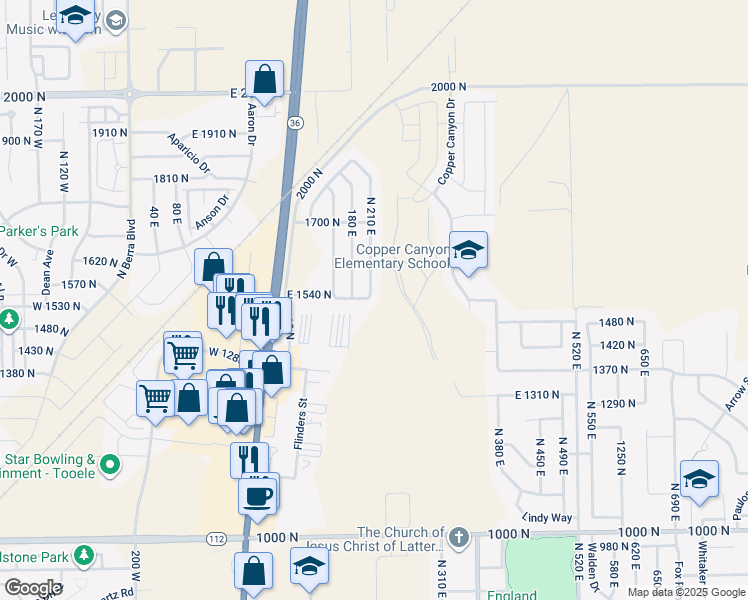 map of restaurants, bars, coffee shops, grocery stores, and more near 1532 North 210 East in Tooele