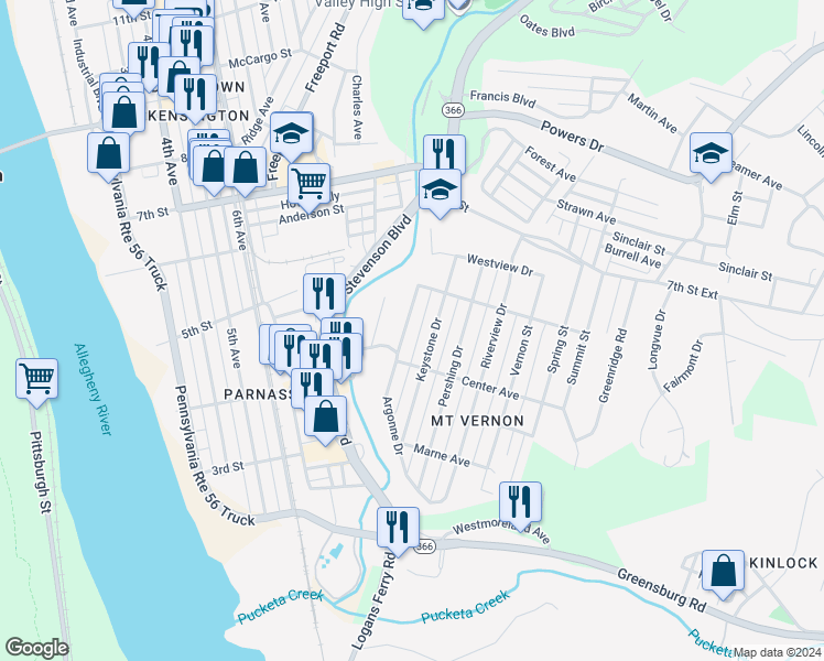 map of restaurants, bars, coffee shops, grocery stores, and more near 424 Argonne Drive in New Kensington