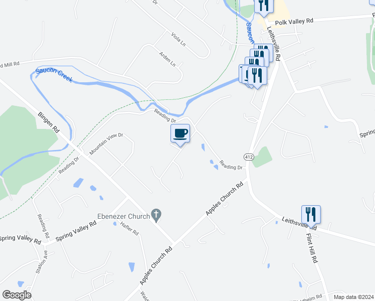map of restaurants, bars, coffee shops, grocery stores, and more near 1693 Creek View Road in Bethlehem