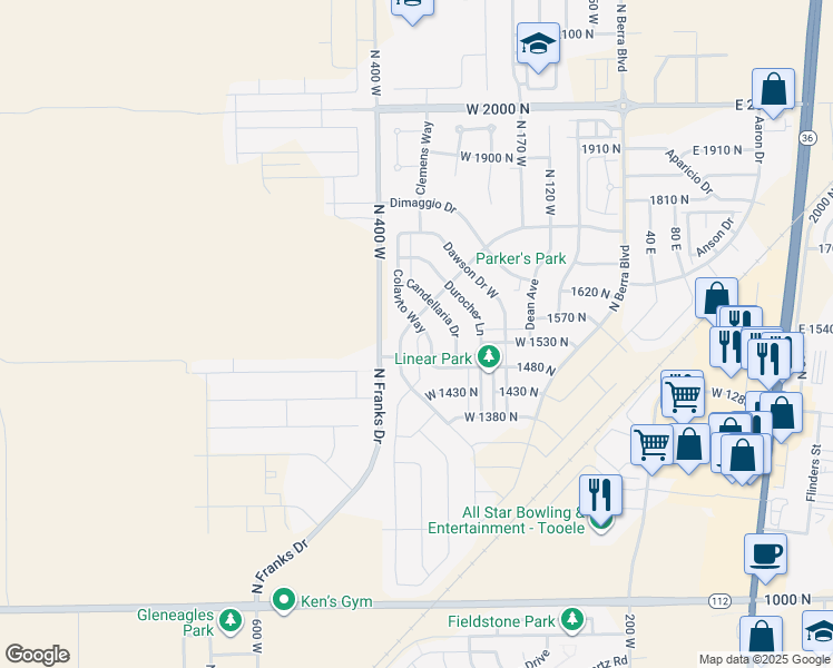 map of restaurants, bars, coffee shops, grocery stores, and more near 1557 Colavito Way in Tooele