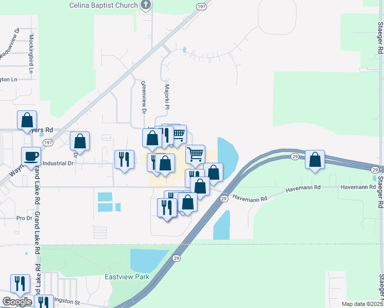 map of restaurants, bars, coffee shops, grocery stores, and more near 1472 Irmscher Boulevard in Celina
