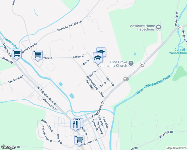 map of restaurants, bars, coffee shops, grocery stores, and more near 124 Walnut Street in Pine Grove