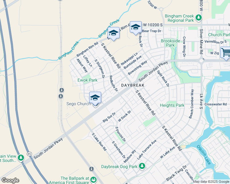 map of restaurants, bars, coffee shops, grocery stores, and more near 10606 Redknife Drive in South Jordan