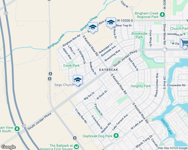 map of restaurants, bars, coffee shops, grocery stores, and more near 10606 Redknife Drive in South Jordan