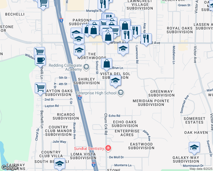 map of restaurants, bars, coffee shops, grocery stores, and more near 998 Shirley Lane in Redding