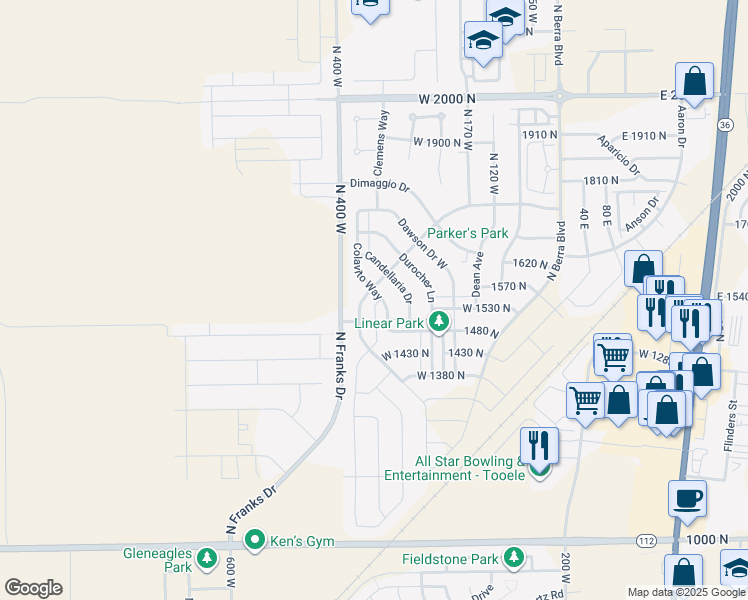 map of restaurants, bars, coffee shops, grocery stores, and more near 1557 Colavito Way in Tooele