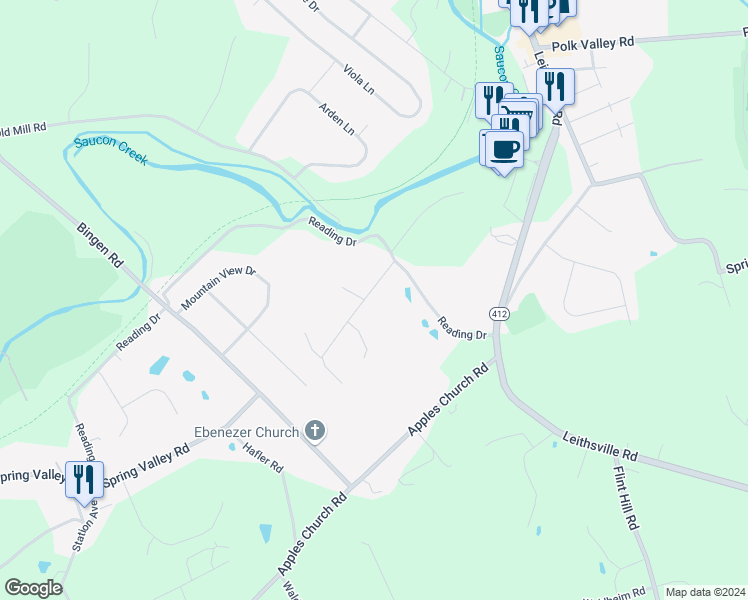 map of restaurants, bars, coffee shops, grocery stores, and more near 1693 Creek View Road in Bethlehem