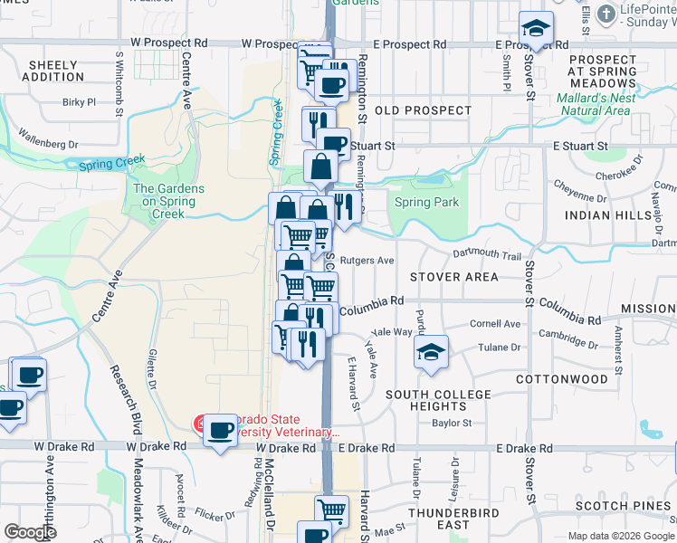 map of restaurants, bars, coffee shops, grocery stores, and more near 2212 South College Avenue in Fort Collins