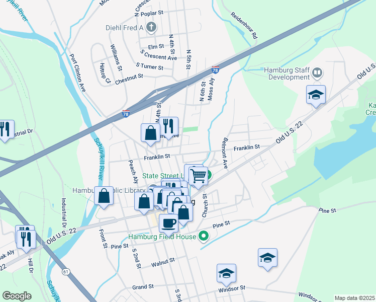 map of restaurants, bars, coffee shops, grocery stores, and more near 539 Franklin Street in Hamburg