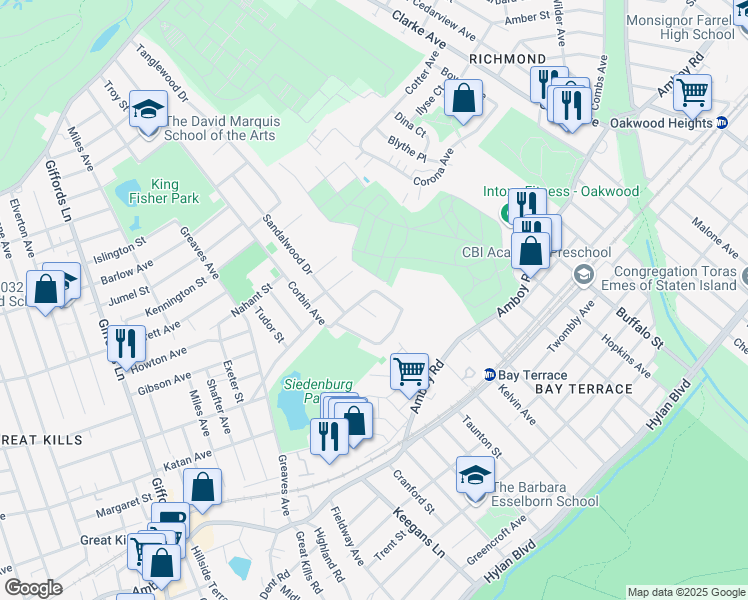 map of restaurants, bars, coffee shops, grocery stores, and more near 97 Redwood Avenue in Staten Island