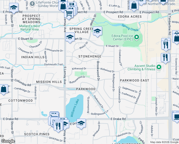 map of restaurants, bars, coffee shops, grocery stores, and more near 1305 Kirkwood Drive in Fort Collins