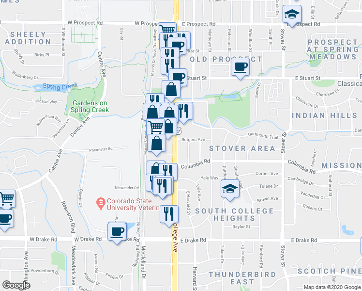 map of restaurants, bars, coffee shops, grocery stores, and more near 2212 South College Avenue in Fort Collins