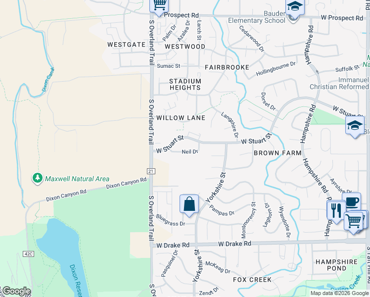 map of restaurants, bars, coffee shops, grocery stores, and more near 2919 Neil Drive in Fort Collins