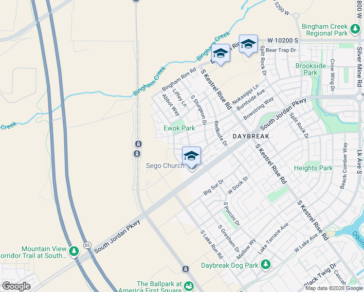 map of restaurants, bars, coffee shops, grocery stores, and more near 5453 Cardinal Park Road in South Jordan