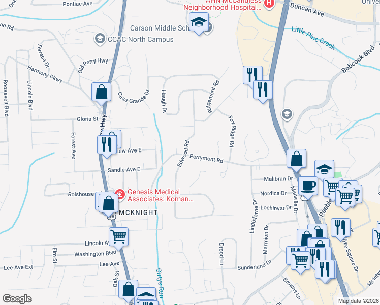 map of restaurants, bars, coffee shops, grocery stores, and more near 400 Perrymont Road in Pittsburgh