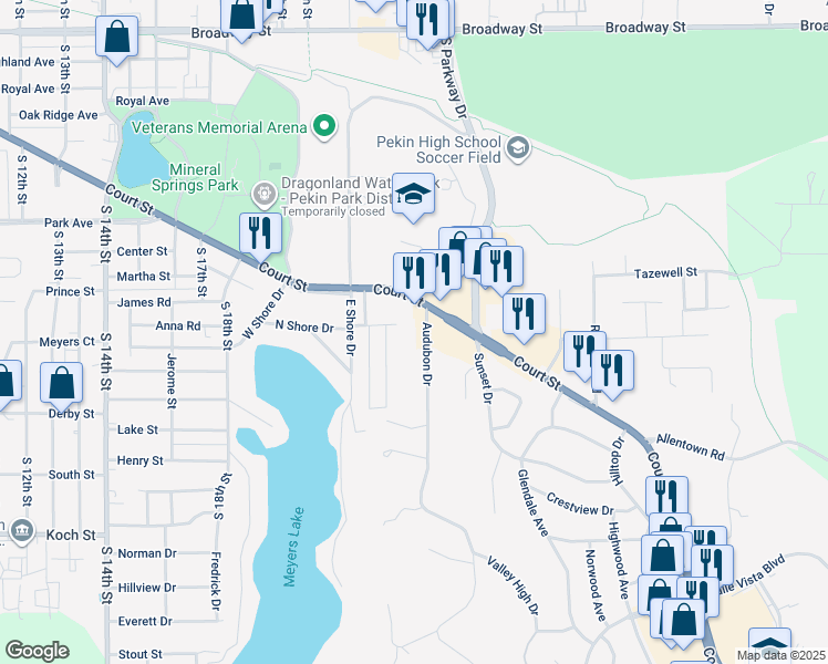 map of restaurants, bars, coffee shops, grocery stores, and more near 707 Audubon Dr in Pekin