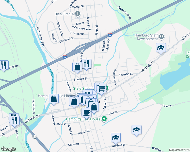 map of restaurants, bars, coffee shops, grocery stores, and more near 531 Franklin Street in Hamburg