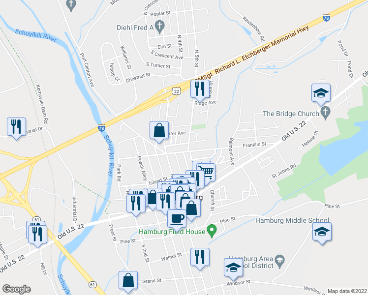 map of restaurants, bars, coffee shops, grocery stores, and more near 507 Franklin Street in Hamburg