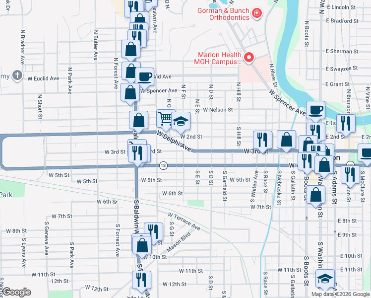 map of restaurants, bars, coffee shops, grocery stores, and more near 1009 West 3rd Street in Marion