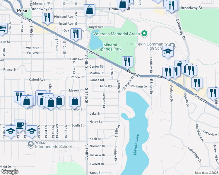 map of restaurants, bars, coffee shops, grocery stores, and more near 1505 Tennell Road in Pekin