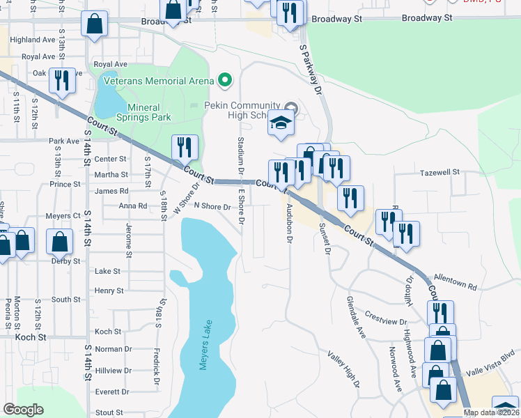 map of restaurants, bars, coffee shops, grocery stores, and more near 705 Grandview Avenue in Pekin